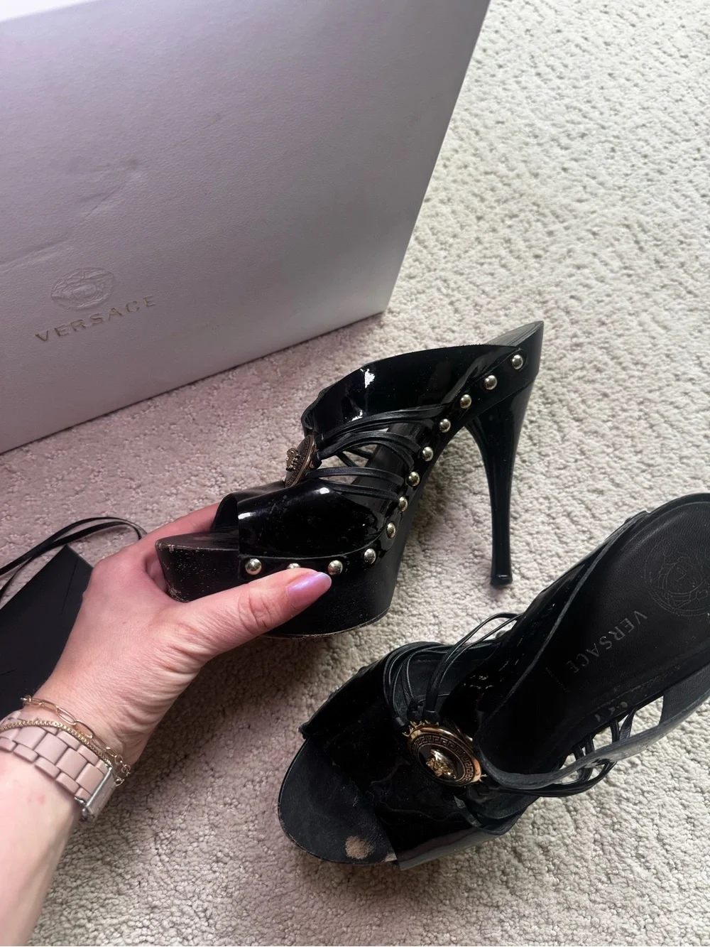 Versace Black Patent Leather and Wooden Platform Medusa Sandals Size 36